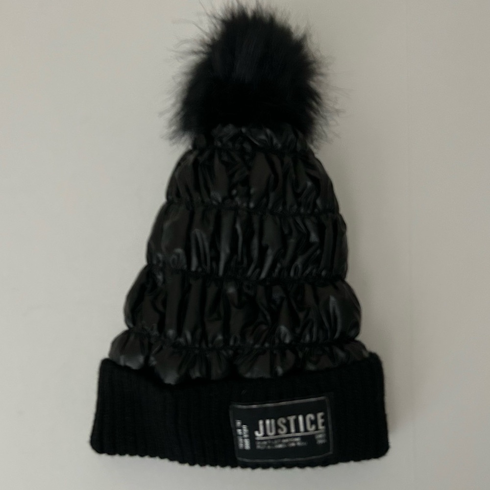 ⭐Girls Justice Black Pompom Puffer Fleece Lined Knit Hat Beanie